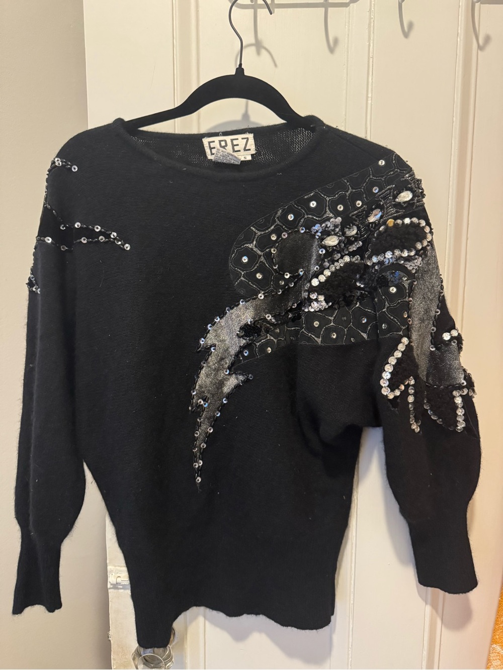 Vintage Erez 1980s Beaded Sequin Angora Statement Sweater Black Leather Appliqué